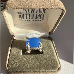 Nolan Miller SIZE 6 1980s blue chalcedony crystal diamanté silver tone ring